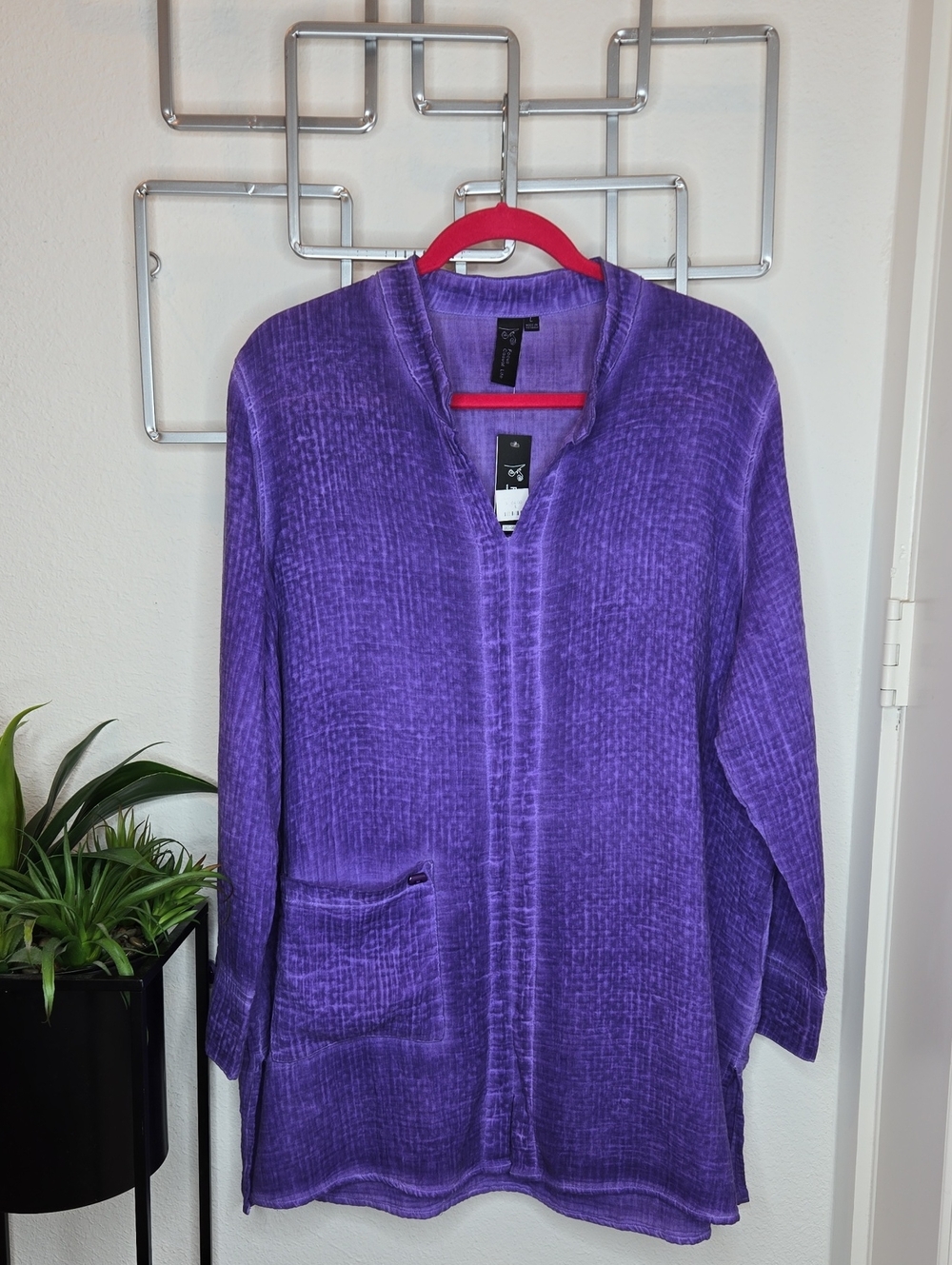 NWT Women's Focus Casual Life Purple Long Sleeve Split-Neck Tunic Top Size Large